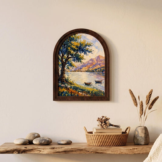 Arched Framed Mountain Lake Wall Art, Scenic Tree & Boat Landscape Painting, Wooden Frame Nature Decor, Vintage Home Accent - Image 2
