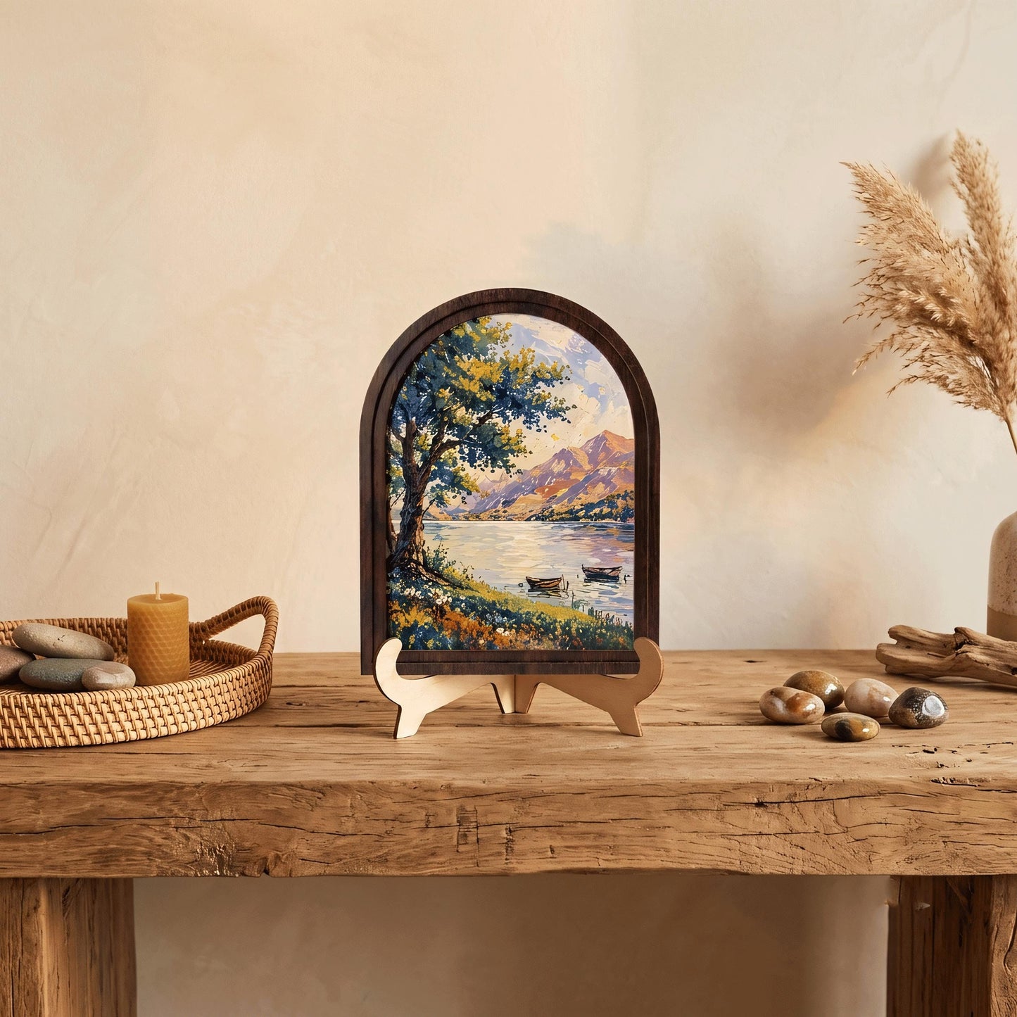 Arched Framed Mountain Lake Wall Art, Scenic Tree & Boat Landscape Painting, Wooden Frame Nature Decor, Vintage Home Accent - Image 5