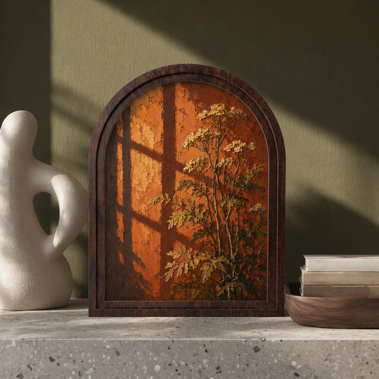 Golden Hour Botanical Wall Art with Arched Wood Frame: White Wildflowers & Warm Window Light, Vintage Cottagecore Decor - Image 1