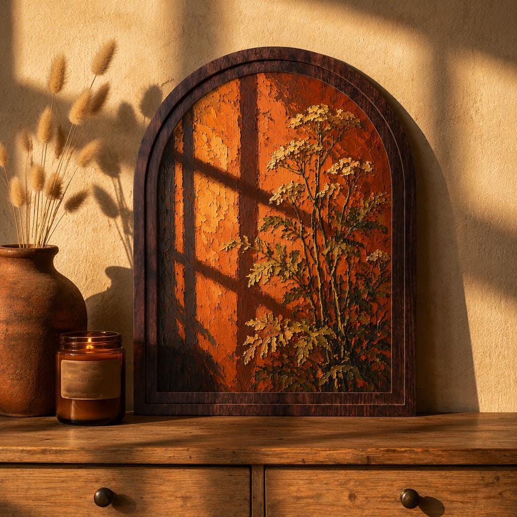Golden Hour Botanical Wall Art with Arched Wood Frame: White Wildflowers & Warm Window Light, Vintage Cottagecore Decor - Image 2