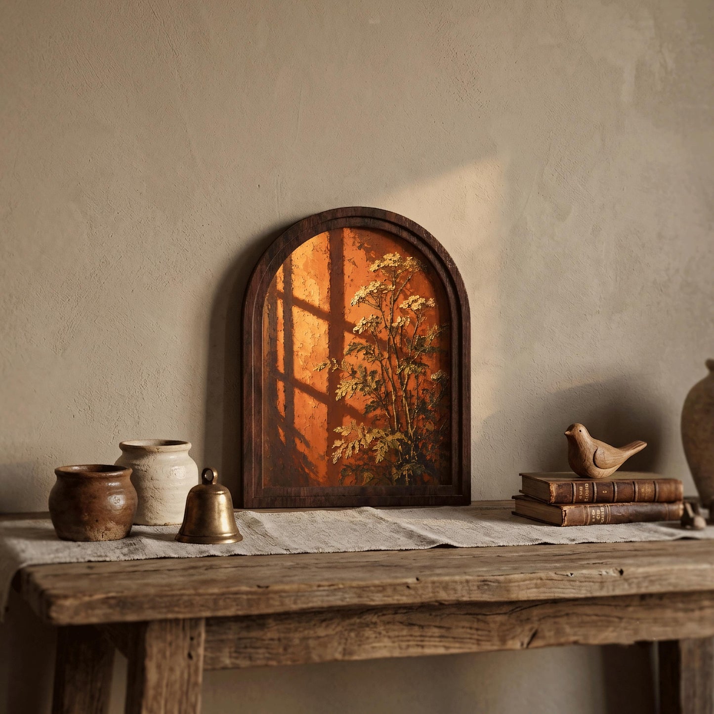 Golden Hour Botanical Wall Art with Arched Wood Frame: White Wildflowers & Warm Window Light, Vintage Cottagecore Decor - Image 4