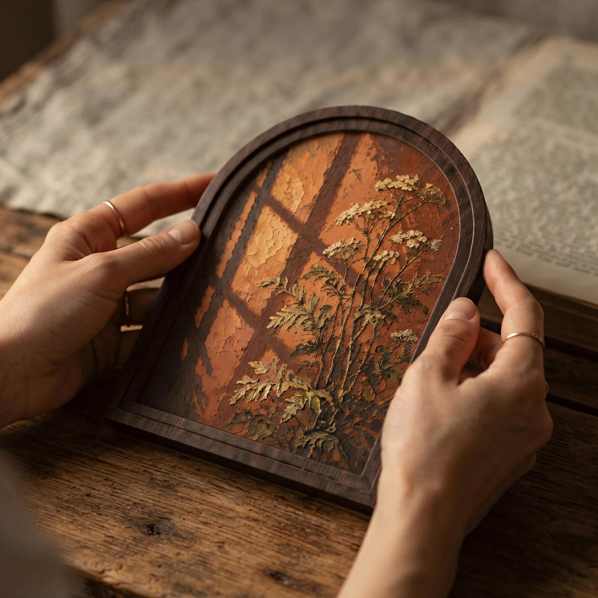 Golden Hour Botanical Wall Art with Arched Wood Frame: White Wildflowers & Warm Window Light, Vintage Cottagecore Decor - Image 3