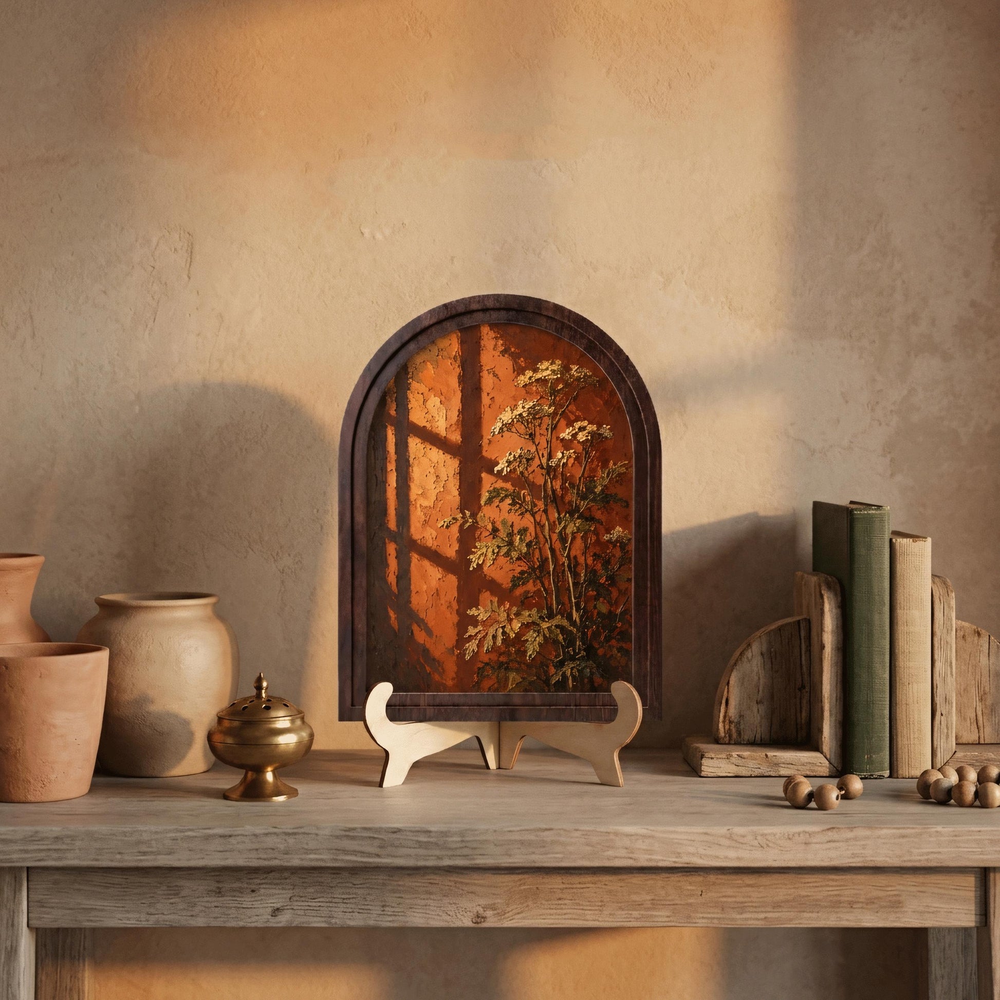 Golden Hour Botanical Wall Art with Arched Wood Frame: White Wildflowers & Warm Window Light, Vintage Cottagecore Decor - Image 5