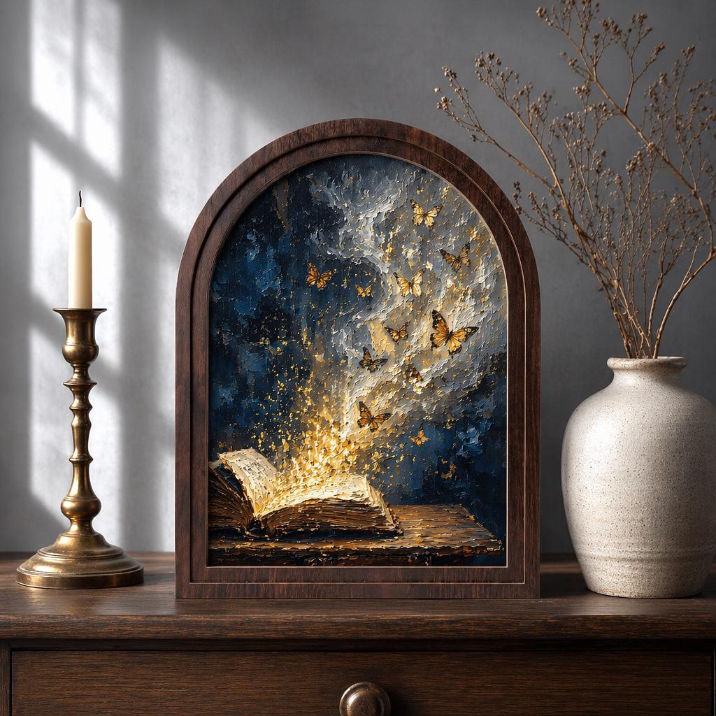 Magical Book & Golden Butterflies Wall Art in Arched Wood Frame: Enchanted Fantasy Canvas, Book Lover Gift - Image 1