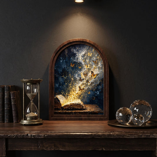 Magical Book & Golden Butterflies Wall Art in Arched Wood Frame: Enchanted Fantasy Canvas, Book Lover Gift - Image 2