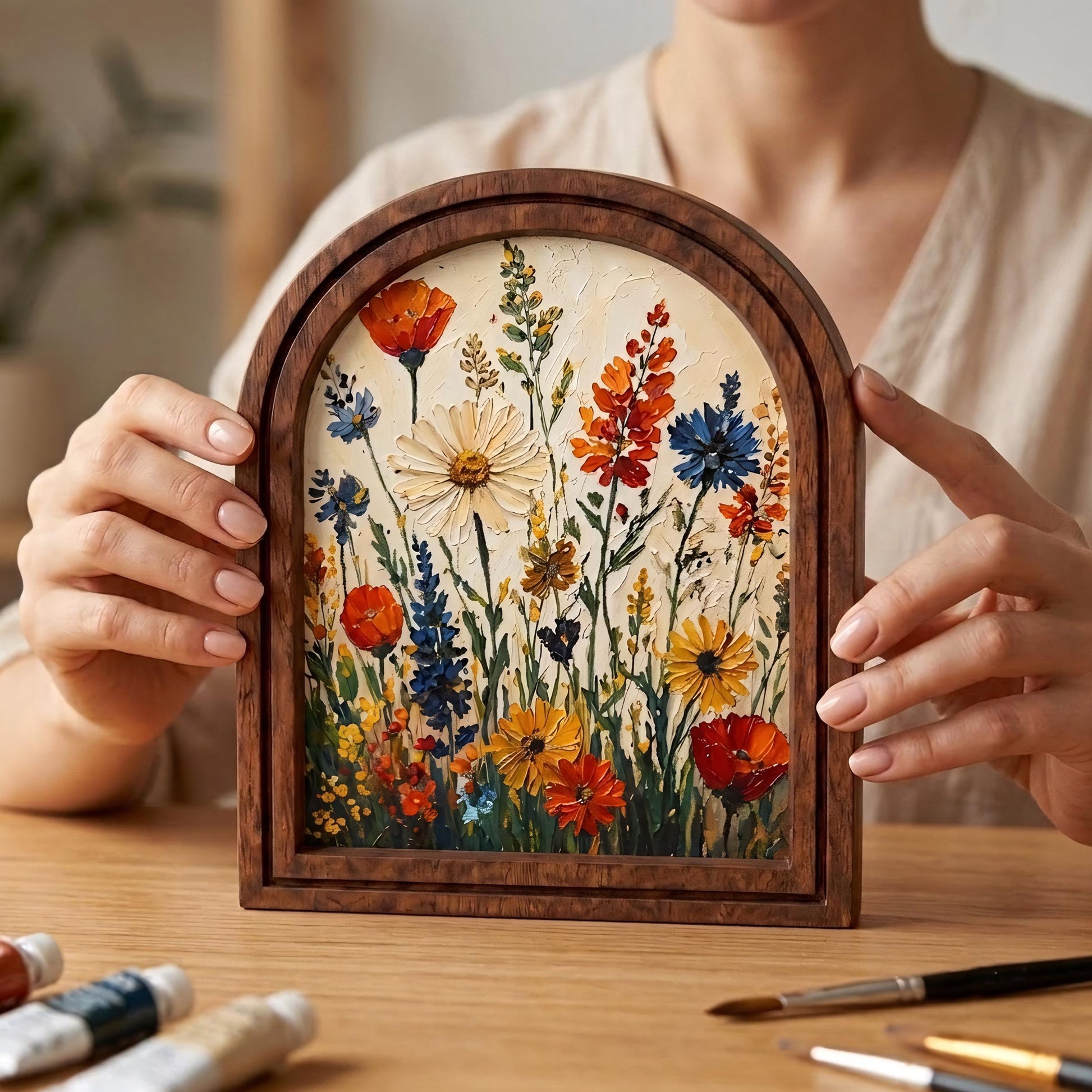 Vibrant Wildflower Meadow Wall Art, Colorful Botanical Garden Painting in Arched Wood Frame, Cottagecore Floral Decor, Nature Lover Gift - Image 5