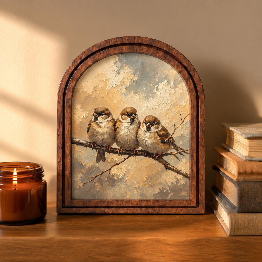 Charming Sparrow Family Wall Art, Adorable Bird Trio Painting in Arched Wood Frame, Rustic Cottage Decor, Nature Lover Gift - Image 2