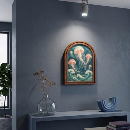 Serene Ocean Waves & Jellyfish Wall Art, Marine Life Painting in Arched Wood Frame, Coastal Beach House Decor, Sea Life Enthusiast Gift - Image 5