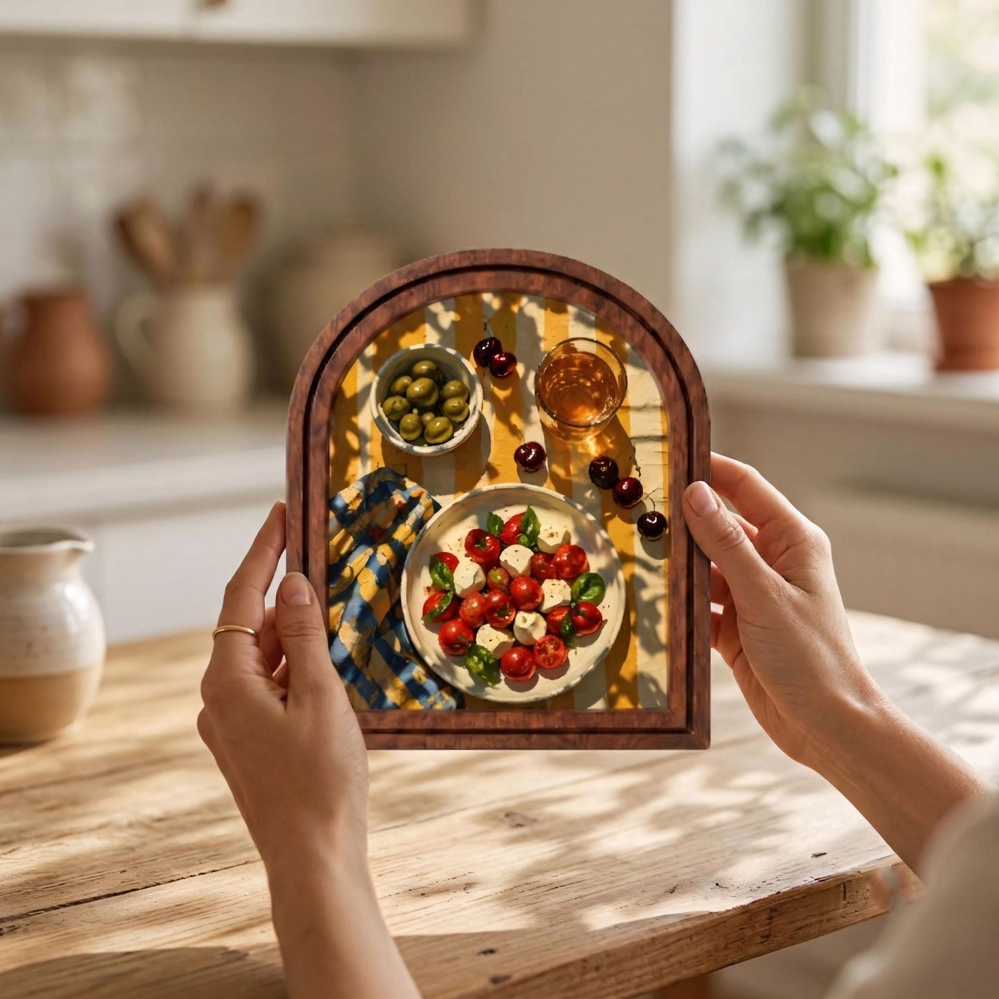 Rustic Italian Table Wall Art, Fresh Caprese Salad and Olive Still Life in Arched Wood Frame, Tuscan Farmhouse Kitchen Decor, Chef Gift - Image 3