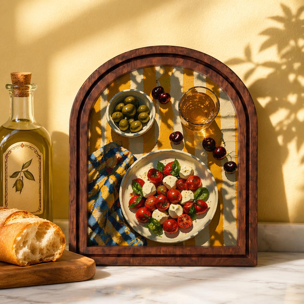 Rustic Italian Table Wall Art, Fresh Caprese Salad and Olive Still Life in Arched Wood Frame, Tuscan Farmhouse Kitchen Decor, Chef Gift - Image 1