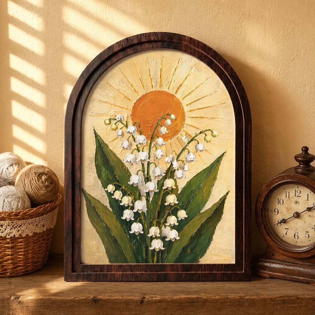Lily of the Valley Wall Art, Arched Wood Framed Canvas, Botanical Sun Floral Print, Cottagecore Farmhouse Decor, Vintage Nature Wall Hanging - Image 1