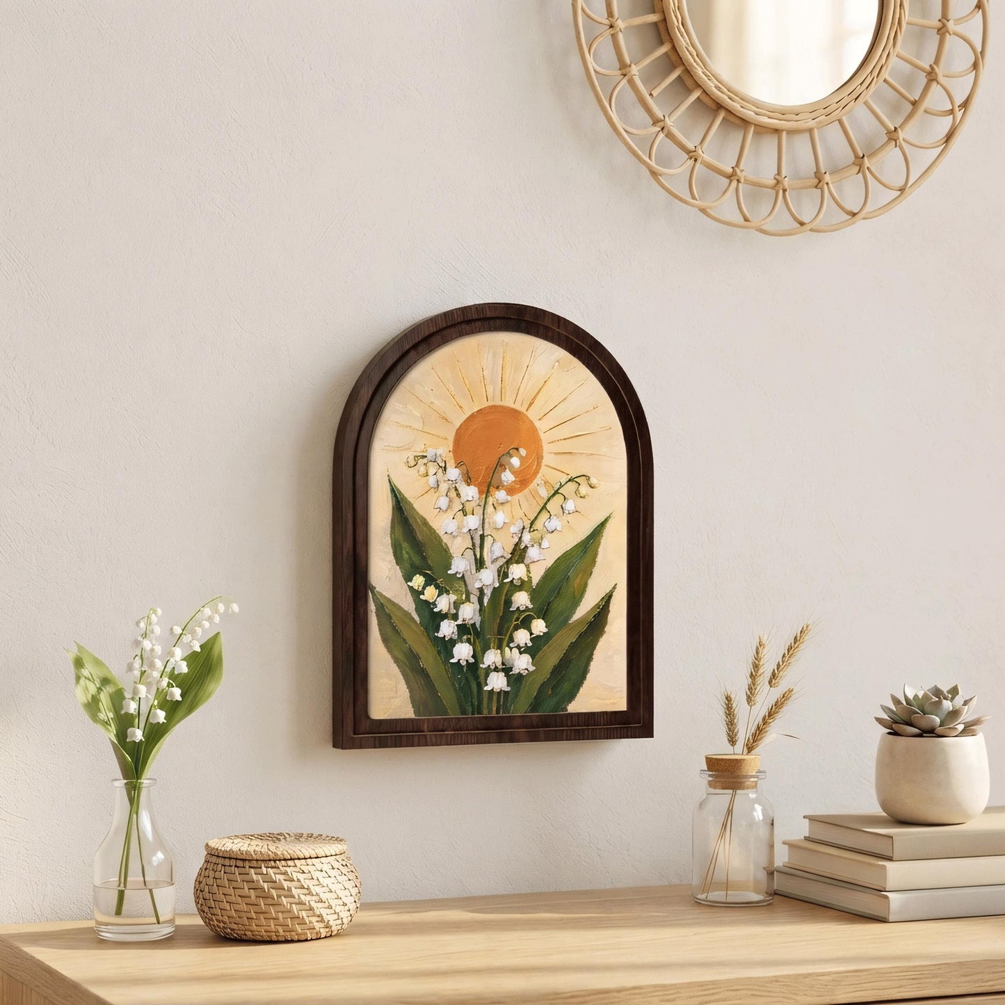 Lily of the Valley Wall Art, Arched Wood Framed Canvas, Botanical Sun Floral Print, Cottagecore Farmhouse Decor, Vintage Nature Wall Hanging - Image 5