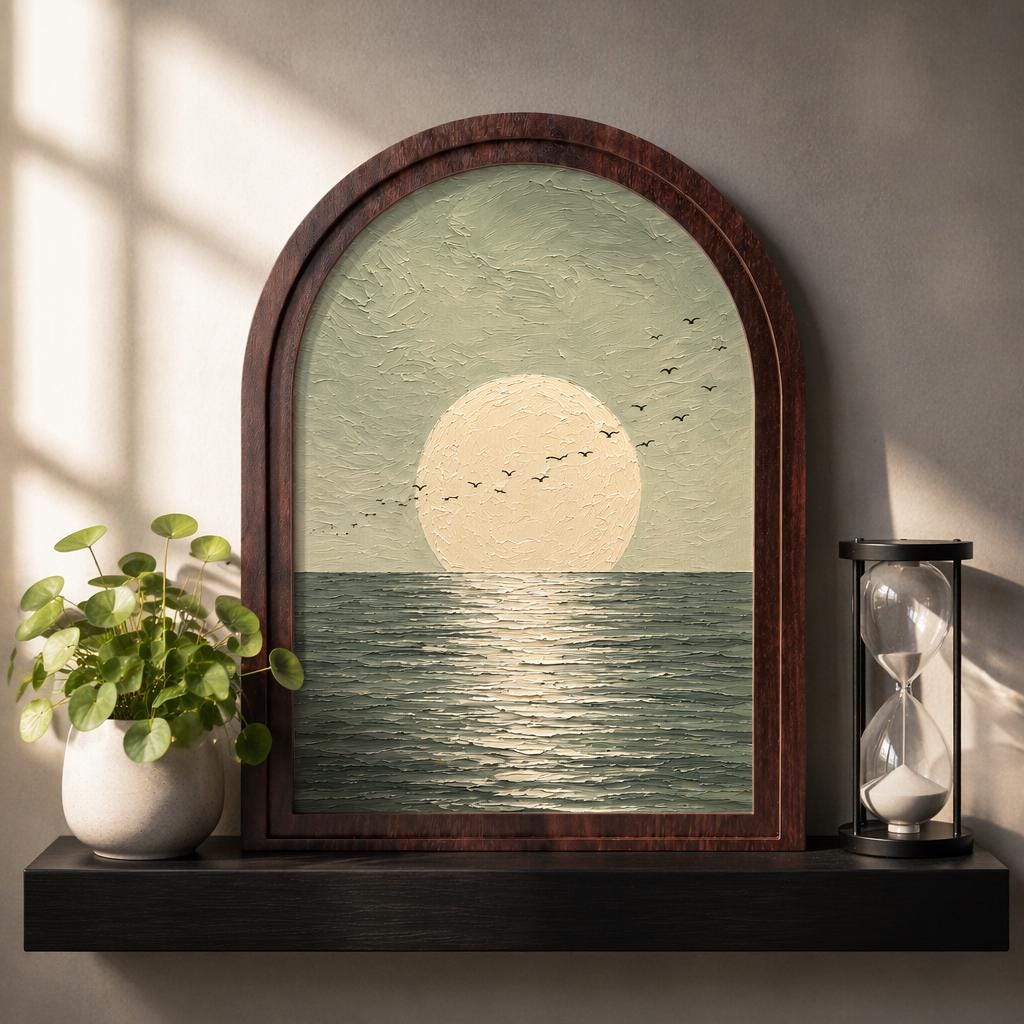 Full Moon Seascape Wall Art, Ocean Horizon Painting in Arched Wood Frame, Modern Coastal Decor, Peaceful Nature Artwork, Bedroom Wall Accent - Image 1