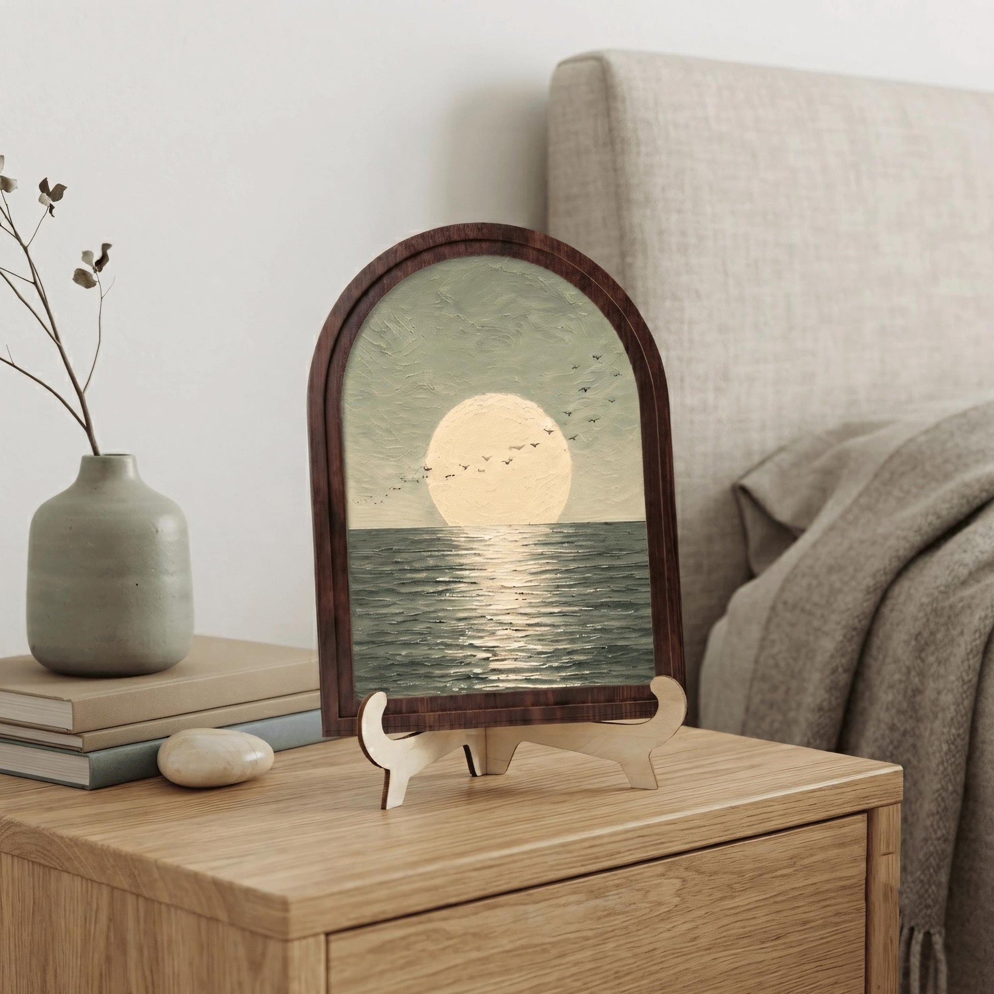 Full Moon Seascape Wall Art, Ocean Horizon Painting in Arched Wood Frame, Modern Coastal Decor, Peaceful Nature Artwork, Bedroom Wall Accent - Image 2