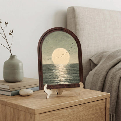 Full Moon Seascape Wall Art, Ocean Horizon Painting in Arched Wood Frame, Modern Coastal Decor, Peaceful Nature Artwork, Bedroom Wall Accent - Image 2