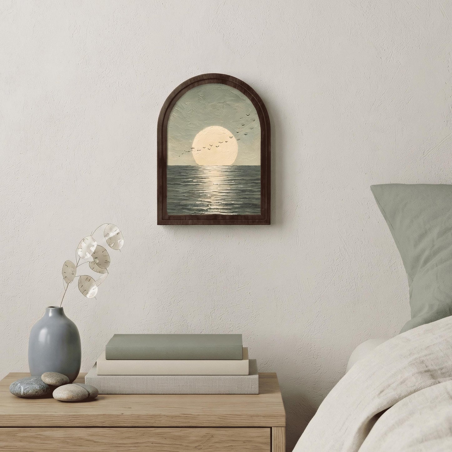 Full Moon Seascape Wall Art, Ocean Horizon Painting in Arched Wood Frame, Modern Coastal Decor, Peaceful Nature Artwork, Bedroom Wall Accent - Image 6