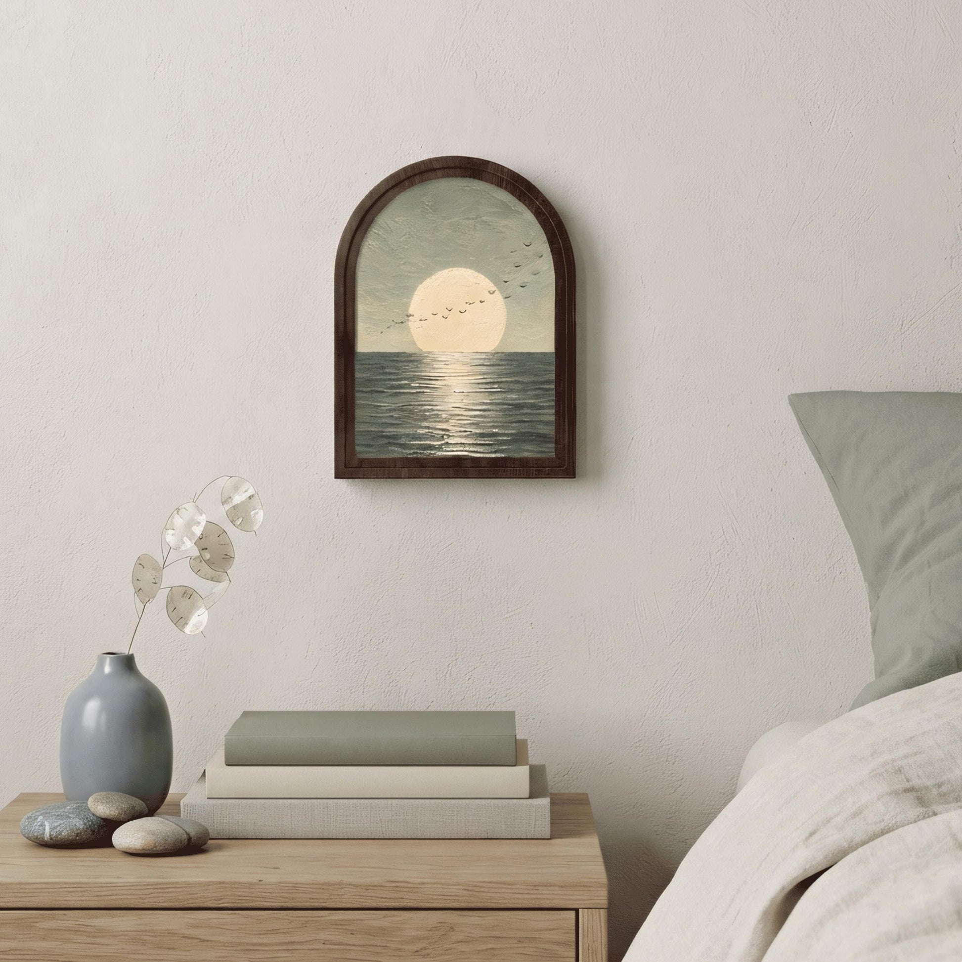 Full Moon Seascape Wall Art, Ocean Horizon Painting in Arched Wood Frame, Modern Coastal Decor, Peaceful Nature Artwork, Bedroom Wall Accent - Image 6