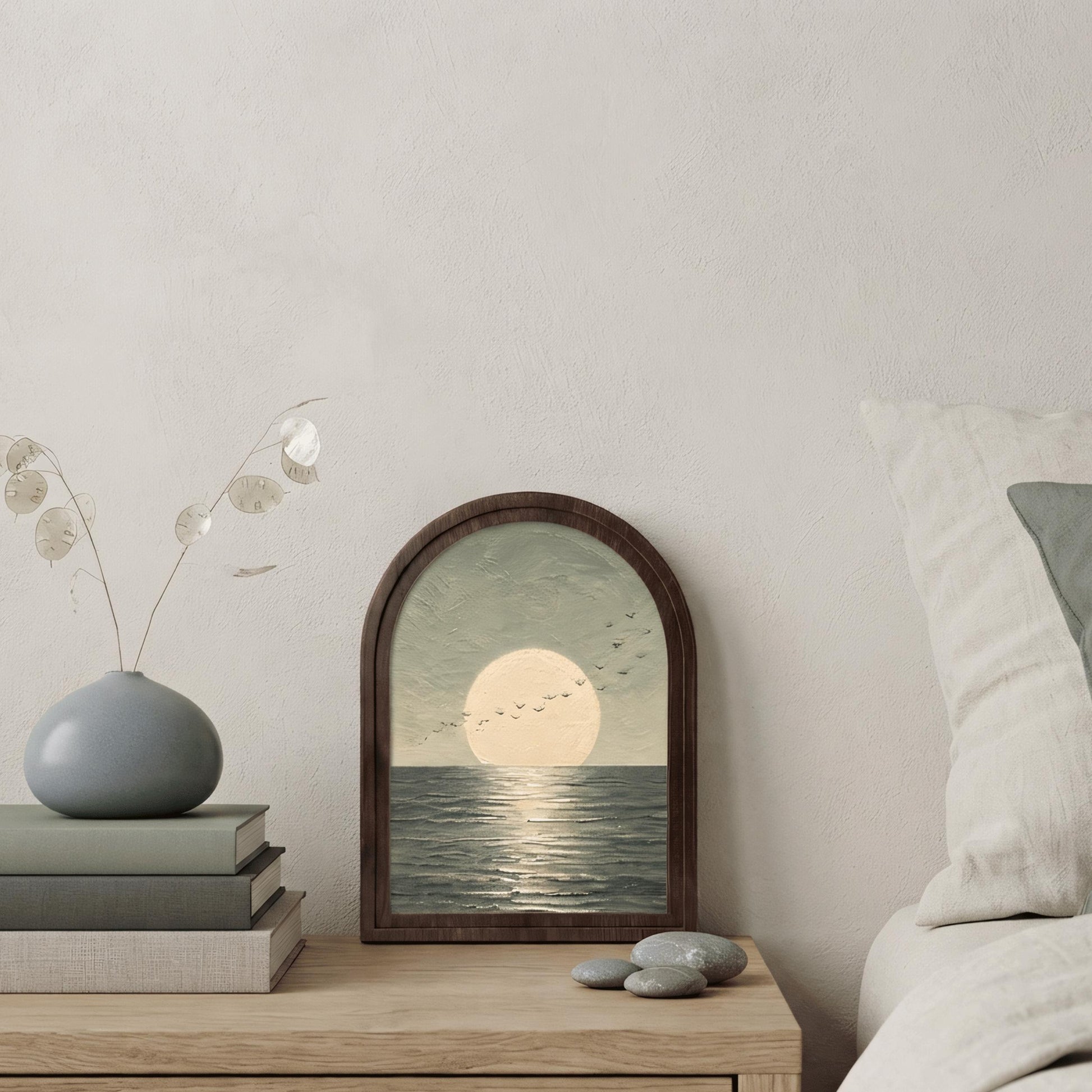 Full Moon Seascape Wall Art, Ocean Horizon Painting in Arched Wood Frame, Modern Coastal Decor, Peaceful Nature Artwork, Bedroom Wall Accent - Image 5