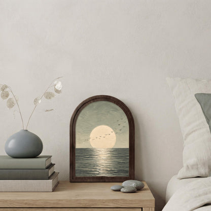 Full Moon Seascape Wall Art, Ocean Horizon Painting in Arched Wood Frame, Modern Coastal Decor, Peaceful Nature Artwork, Bedroom Wall Accent - Image 5