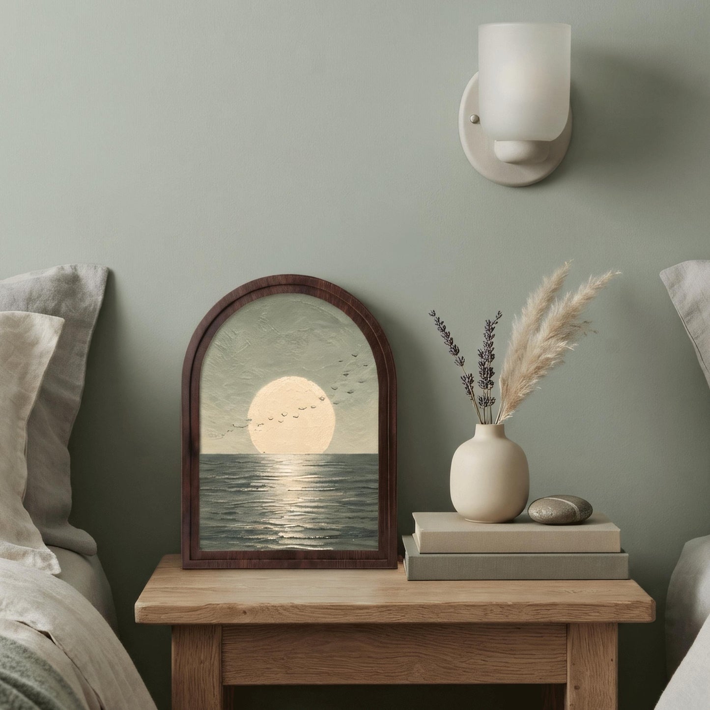 Full Moon Seascape Wall Art, Ocean Horizon Painting in Arched Wood Frame, Modern Coastal Decor, Peaceful Nature Artwork, Bedroom Wall Accent - Image 3