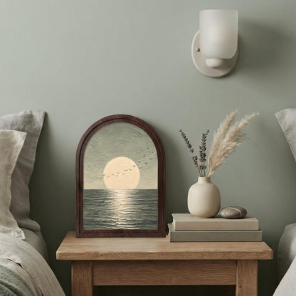 Full Moon Seascape Wall Art, Ocean Horizon Painting in Arched Wood Frame, Modern Coastal Decor, Peaceful Nature Artwork, Bedroom Wall Accent - Image 3