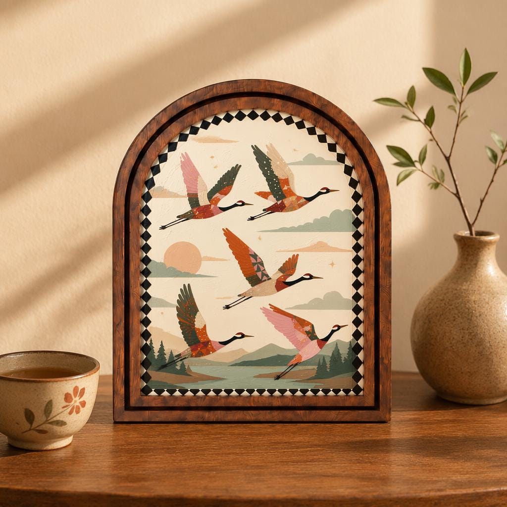 Rustic Flying Crane Wall Art, Folk Art Wildlife Landscape Wood Frame, Arched Picture Frame, Nature Enthusiast Gift, Cabin Decor - Image 3