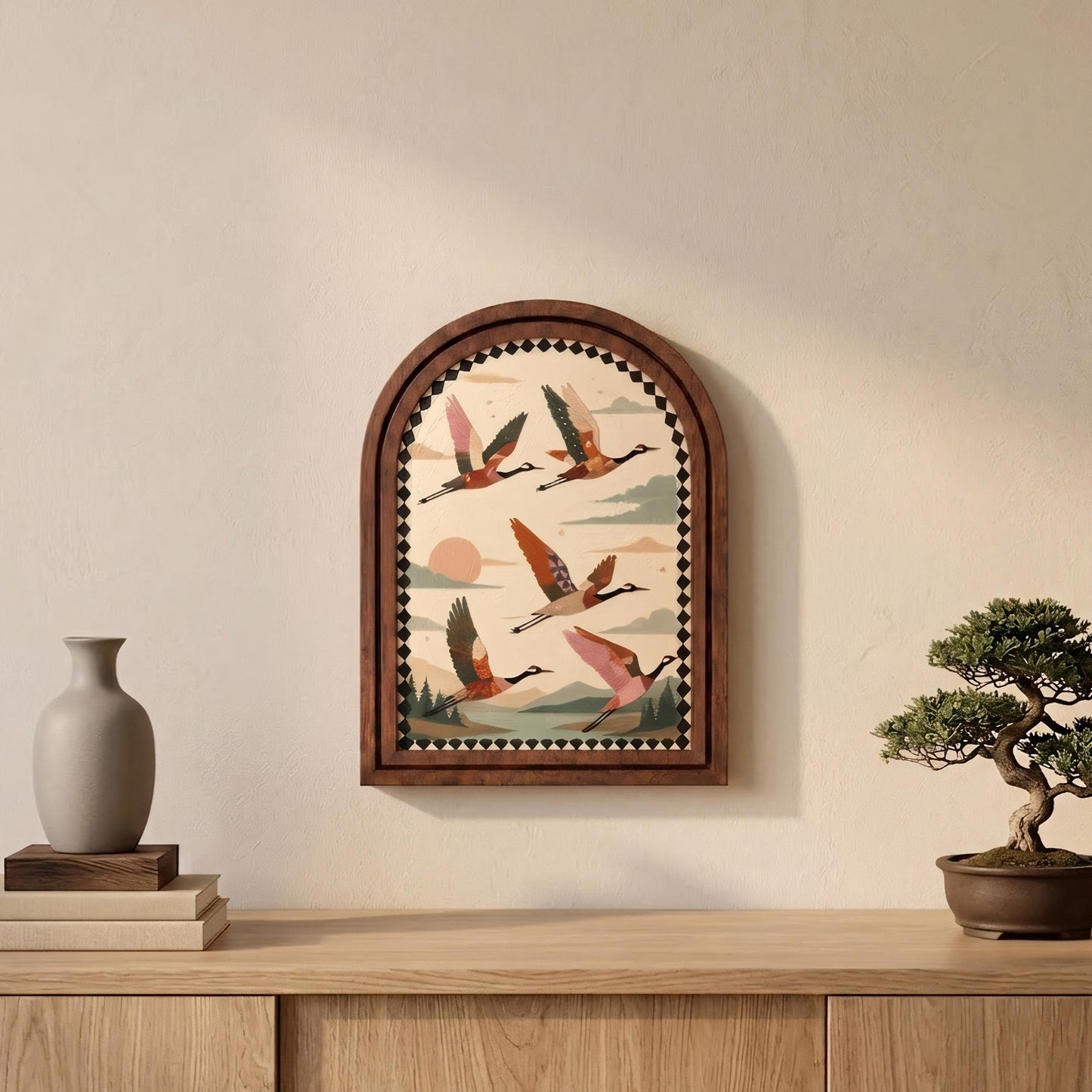 Rustic Flying Crane Wall Art, Folk Art Wildlife Landscape Wood Frame, Arched Picture Frame, Nature Enthusiast Gift, Cabin Decor - Image 5