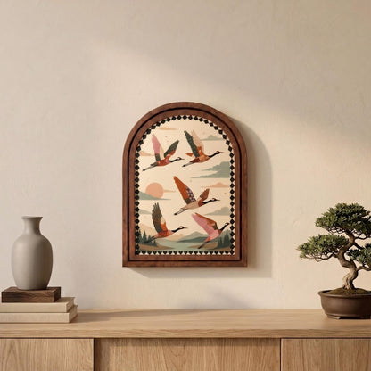 Rustic Flying Crane Wall Art, Folk Art Wildlife Landscape Wood Frame, Arched Picture Frame, Nature Enthusiast Gift, Cabin Decor - Image 5