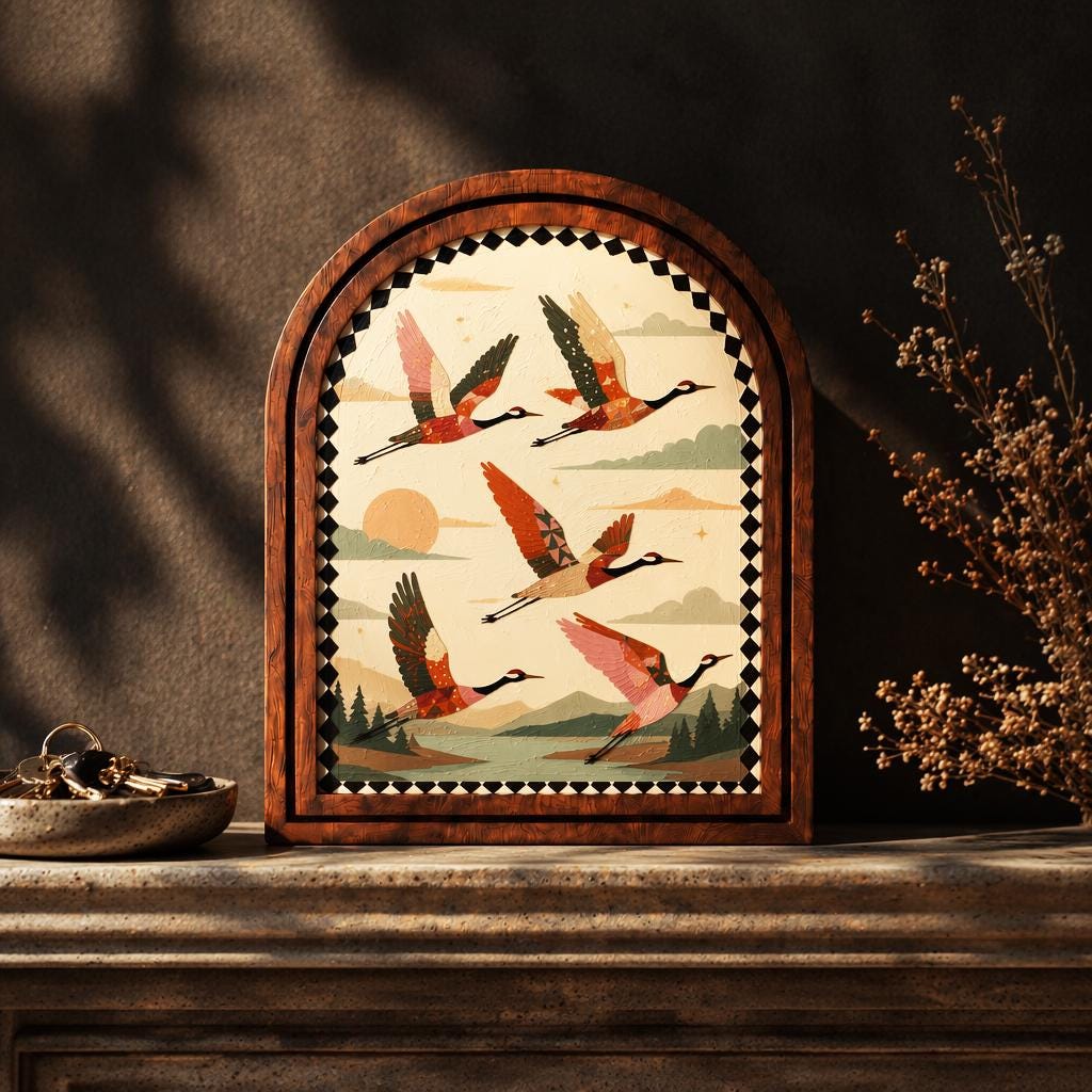 Rustic Flying Crane Wall Art, Folk Art Wildlife Landscape Wood Frame, Arched Picture Frame, Nature Enthusiast Gift, Cabin Decor - Image 1