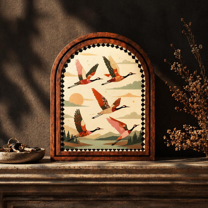 Rustic Flying Crane Wall Art, Folk Art Wildlife Landscape Wood Frame, Arched Picture Frame, Nature Enthusiast Gift, Cabin Decor - Image 2