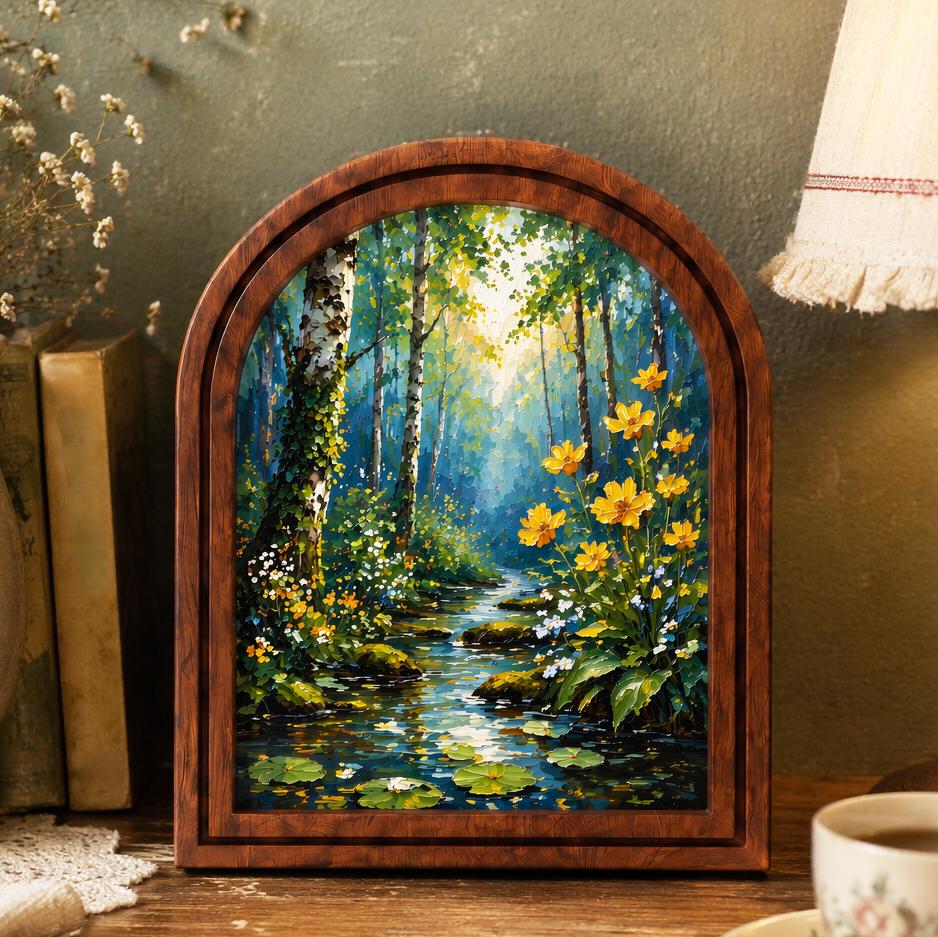 Forest Stream Wall Art, Woodland Wildflower Landscape, Arched Wood Frame Picture, Nature Inspired Decor, Cottagecore Housewarming Gift - Image 1