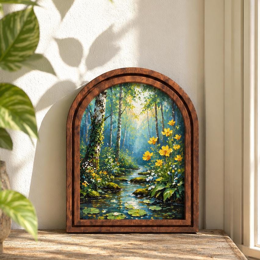 Forest Stream Wall Art, Woodland Wildflower Landscape, Arched Wood Frame Picture, Nature Inspired Decor, Cottagecore Housewarming Gift - Image 2