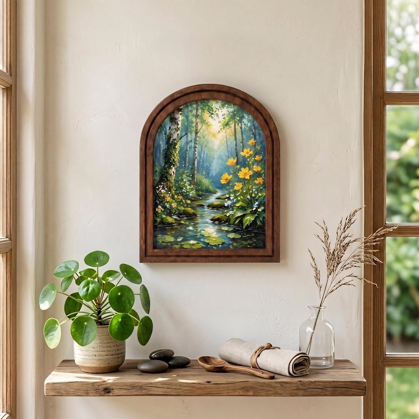 Forest Stream Wall Art, Woodland Wildflower Landscape, Arched Wood Frame Picture, Nature Inspired Decor, Cottagecore Housewarming Gift - Image 5