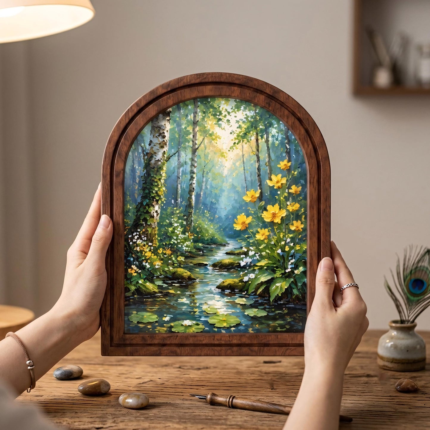 Forest Stream Wall Art, Woodland Wildflower Landscape, Arched Wood Frame Picture, Nature Inspired Decor, Cottagecore Housewarming Gift - Image 4