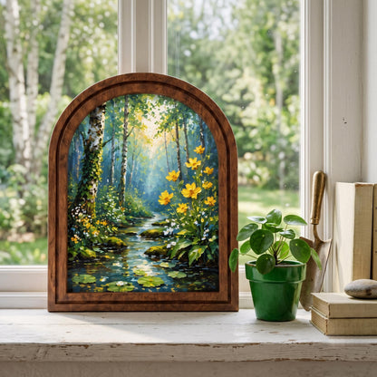 Forest Stream Wall Art, Woodland Wildflower Landscape, Arched Wood Frame Picture, Nature Inspired Decor, Cottagecore Housewarming Gift - Image 3