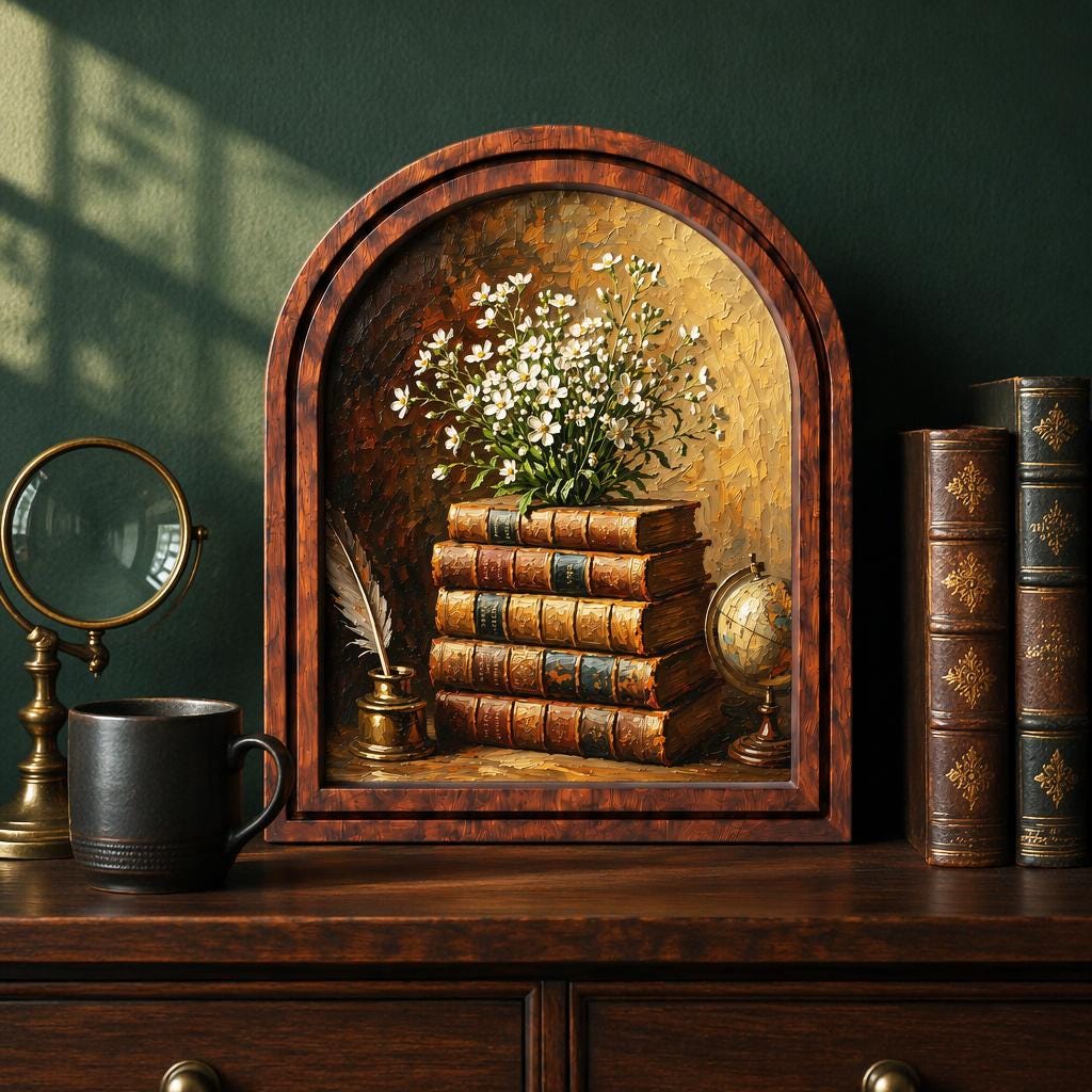 Vintage Book Stack Wall Art, Antique Library Decor, Arched Wood Frame Picture, Literary Cottagecore Artwork, Book Lover Gift, Home Decor - Image 3