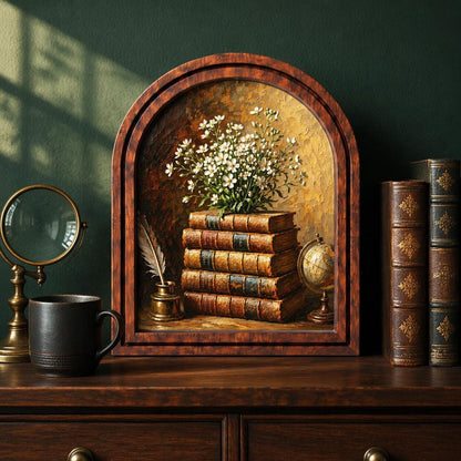 Vintage Book Stack Wall Art, Antique Library Decor, Arched Wood Frame Picture, Literary Cottagecore Artwork, Book Lover Gift, Home Decor - Image 3