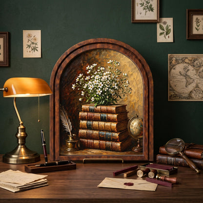 Vintage Book Stack Wall Art, Antique Library Decor, Arched Wood Frame Picture, Literary Cottagecore Artwork, Book Lover Gift, Home Decor - Image 9