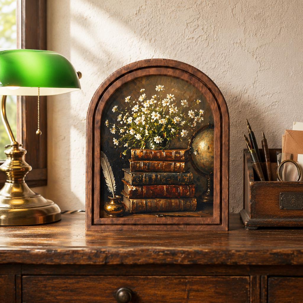 Vintage Book Stack Wall Art, Antique Library Decor, Arched Wood Frame Picture, Literary Cottagecore Artwork, Book Lover Gift, Home Decor - Image 1