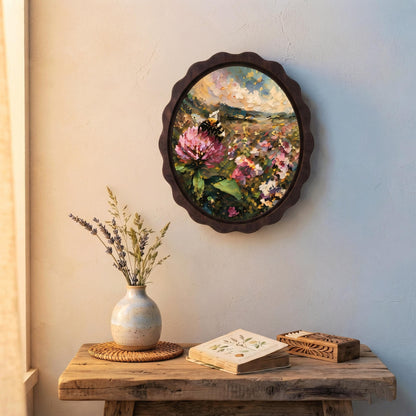 Bee & Wildflower Wall Art, Wooden Wavy Oval Frame, Vintage Botanical Landscape Painting, Rustic Nature Decor, Bee Lover Gift - Image 3