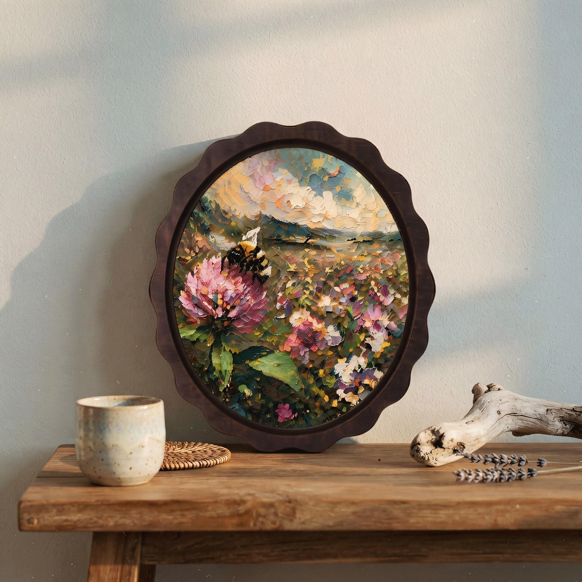 Bee & Wildflower Wall Art, Wooden Wavy Oval Frame, Vintage Botanical Landscape Painting, Rustic Nature Decor, Bee Lover Gift - Image 2