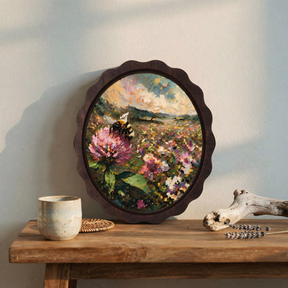 Bee & Wildflower Wall Art, Wooden Wavy Oval Frame, Vintage Botanical Landscape Painting, Rustic Nature Decor, Bee Lover Gift - Image 2