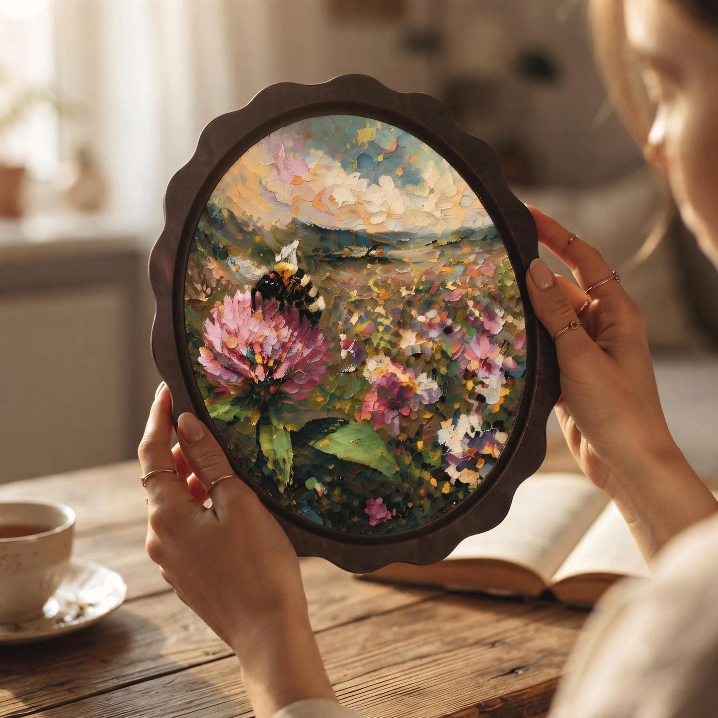 Bee & Wildflower Wall Art, Wooden Wavy Oval Frame, Vintage Botanical Landscape Painting, Rustic Nature Decor, Bee Lover Gift - Image 5