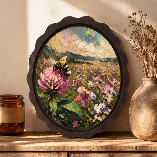 Bee & Wildflower Wall Art, Wooden Wavy Oval Frame, Vintage Botanical Landscape Painting, Rustic Nature Decor, Bee Lover Gift - Image 1