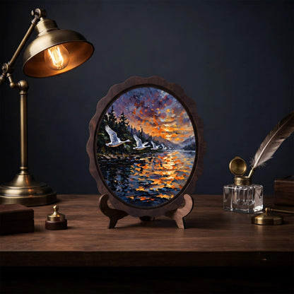 Swan Lake Wall Art, Wooden Wavy Oval Frame, Sunset Wildlife Landscape Painting, Vintage Nature Decor, Rustic Cabin Accent, Bird Lover Gift - Image 2