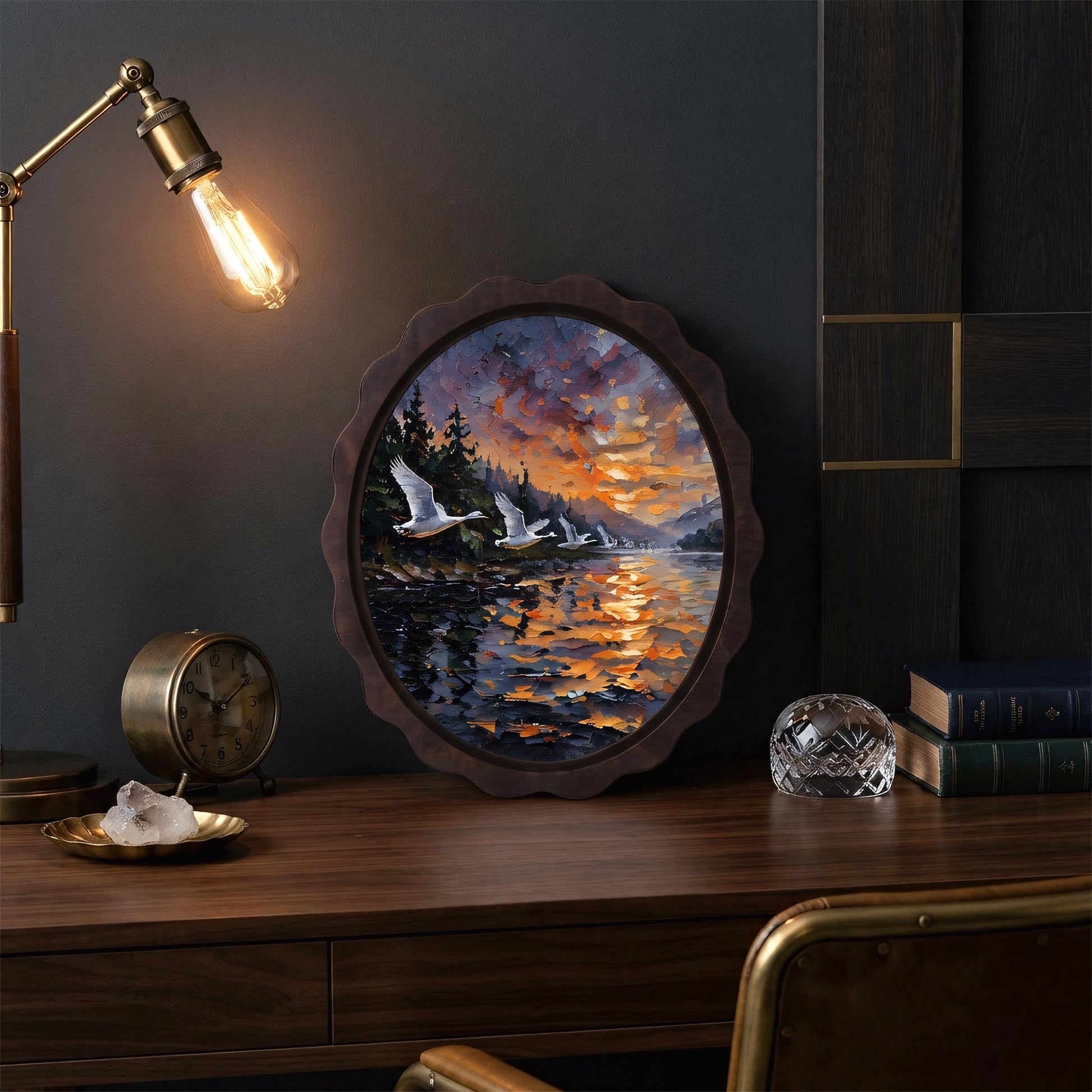 Swan Lake Wall Art, Wooden Wavy Oval Frame, Sunset Wildlife Landscape Painting, Vintage Nature Decor, Rustic Cabin Accent, Bird Lover Gift - Image 4