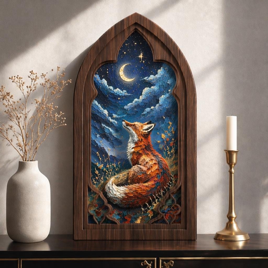 Fox Wall Art, Gothic Window Wood Frame, Moonlit Woodland Fox Painting, Rustic Nature Decor, Medieval Arch Wall Art, Forest Lover Gift - Image 1