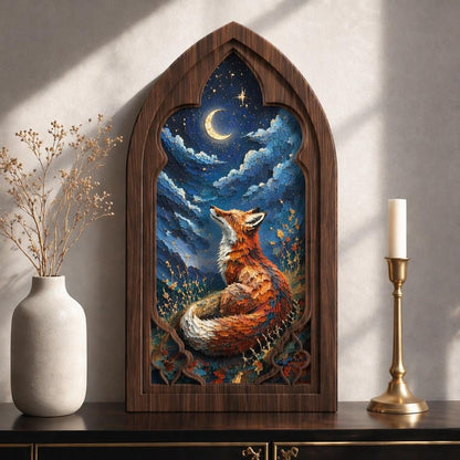 Fox Wall Art, Gothic Window Wood Frame, Moonlit Woodland Fox Painting, Rustic Nature Decor, Medieval Arch Wall Art, Forest Lover Gift - Image 1