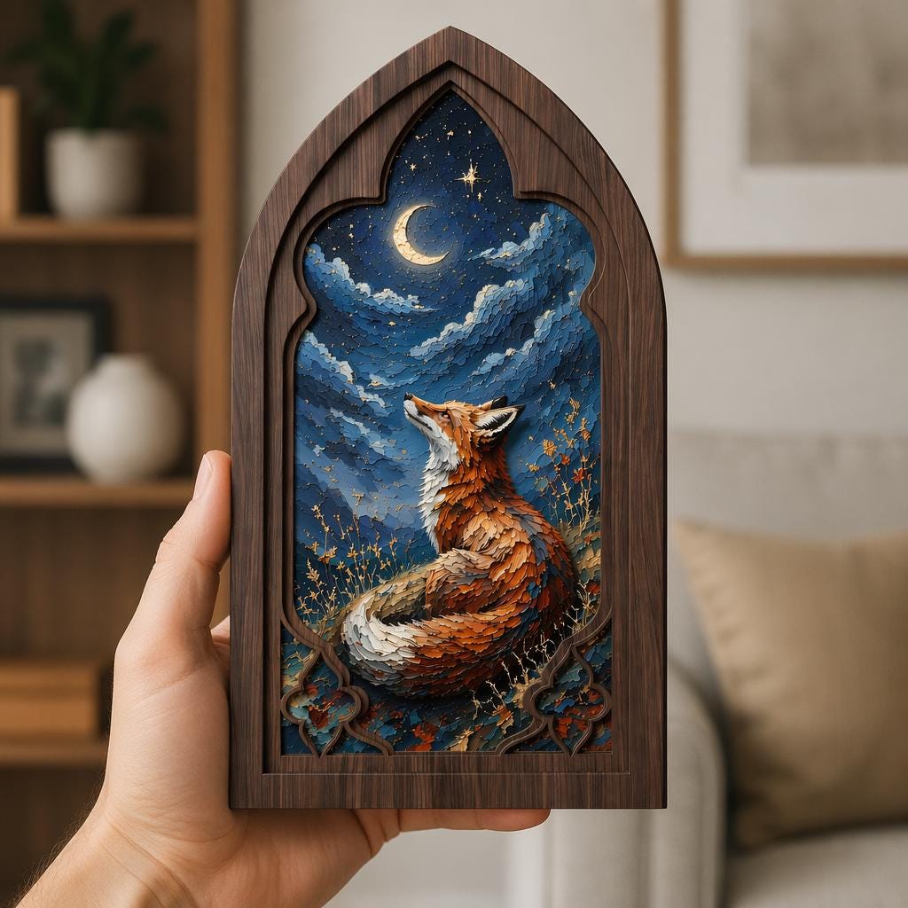 Fox Wall Art, Gothic Window Wood Frame, Moonlit Woodland Fox Painting, Rustic Nature Decor, Medieval Arch Wall Art, Forest Lover Gift - Image 3