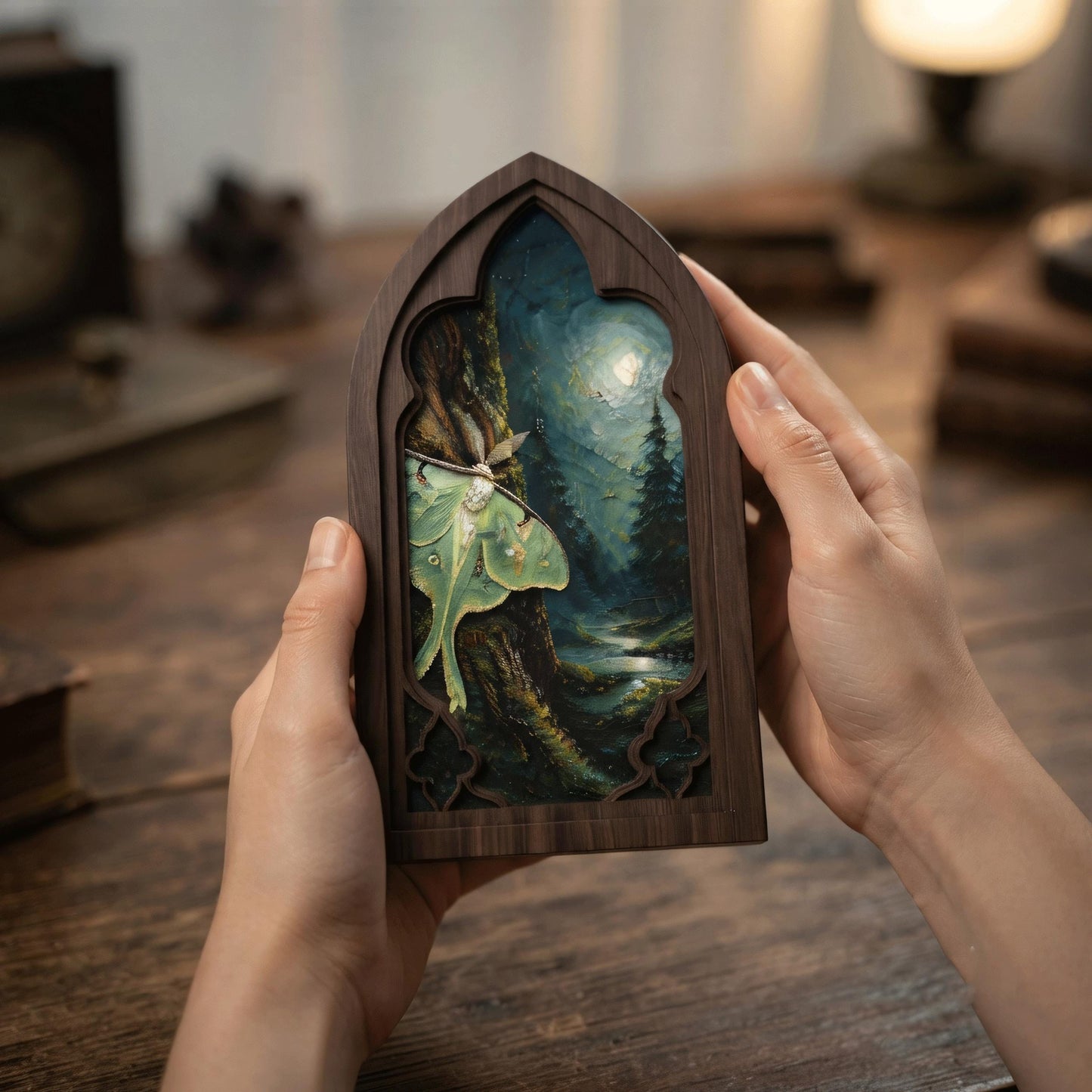 Luna Moth Wall Art, Gothic Window Wood Frame, Moonlit Forest Nature Painting, Cottagecore Decor, Dark Academia Wall Art, Woodland Home Gift - Image 4